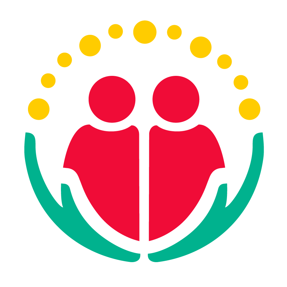 A colorful, stylized logo featuring two red human figures side by side, encircled by a yellow dotted arc and teal curved lines forming a semi-circle at the bottom.