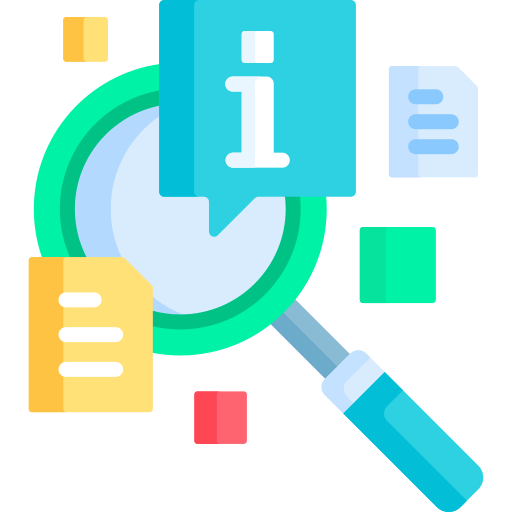 Magnifying glass with an 'i' icon inside, surrounded by documents and colorful blocks.
