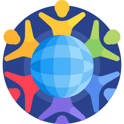 Illustration of diverse colored human figures holding hands around a globe with latitude and longitude lines.