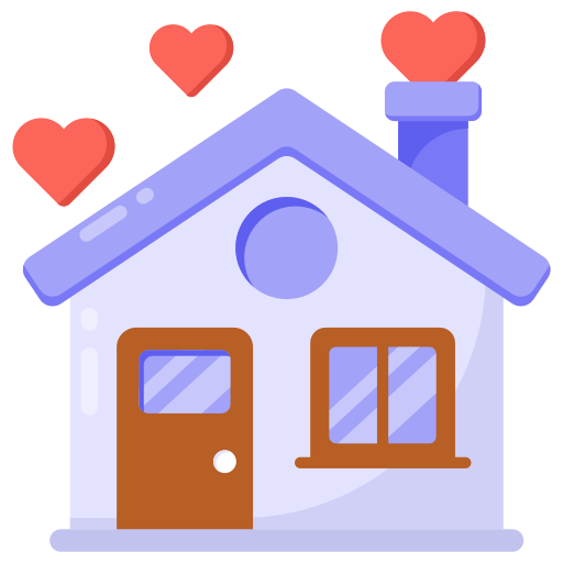 A cute, cartoon-style house with a blue roof, a brown door with a window, and a large window beside the door. There are three red hearts floating above the house, suggesting love or affection.