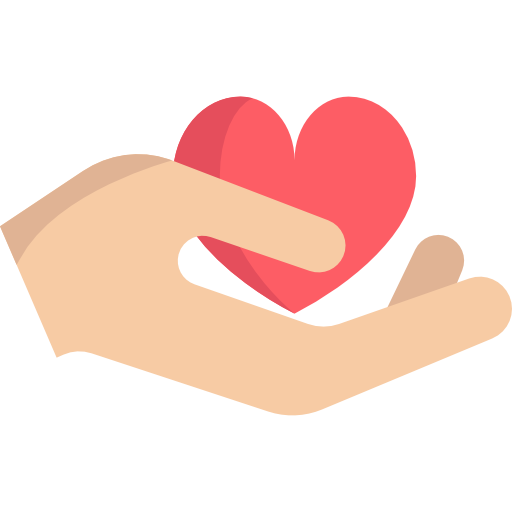 A hand holding a red heart symbol.