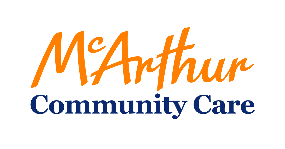 Logo for M'Arthur Community Care with the text 'M'Arthur' in orange script and 'Community Care' in dark blue serif font.