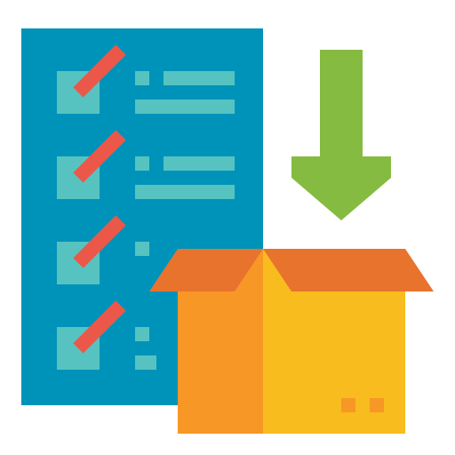 An illustration of a checklist with check marks pointing to a downward arrow and an open box, representing process or inventory management.