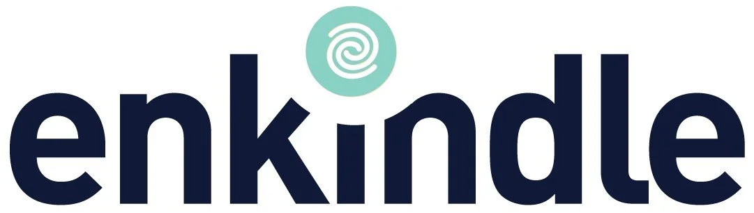 Logo for Enkindle with a spiral symbol above the text.