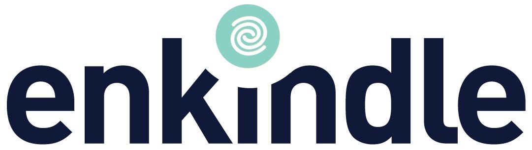 Logo for Enkindle with a spiral symbol above the text.