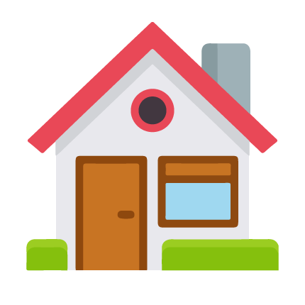 Simple illustration of a house with a red gable roof, brown door, blue window, and green bushes in front.