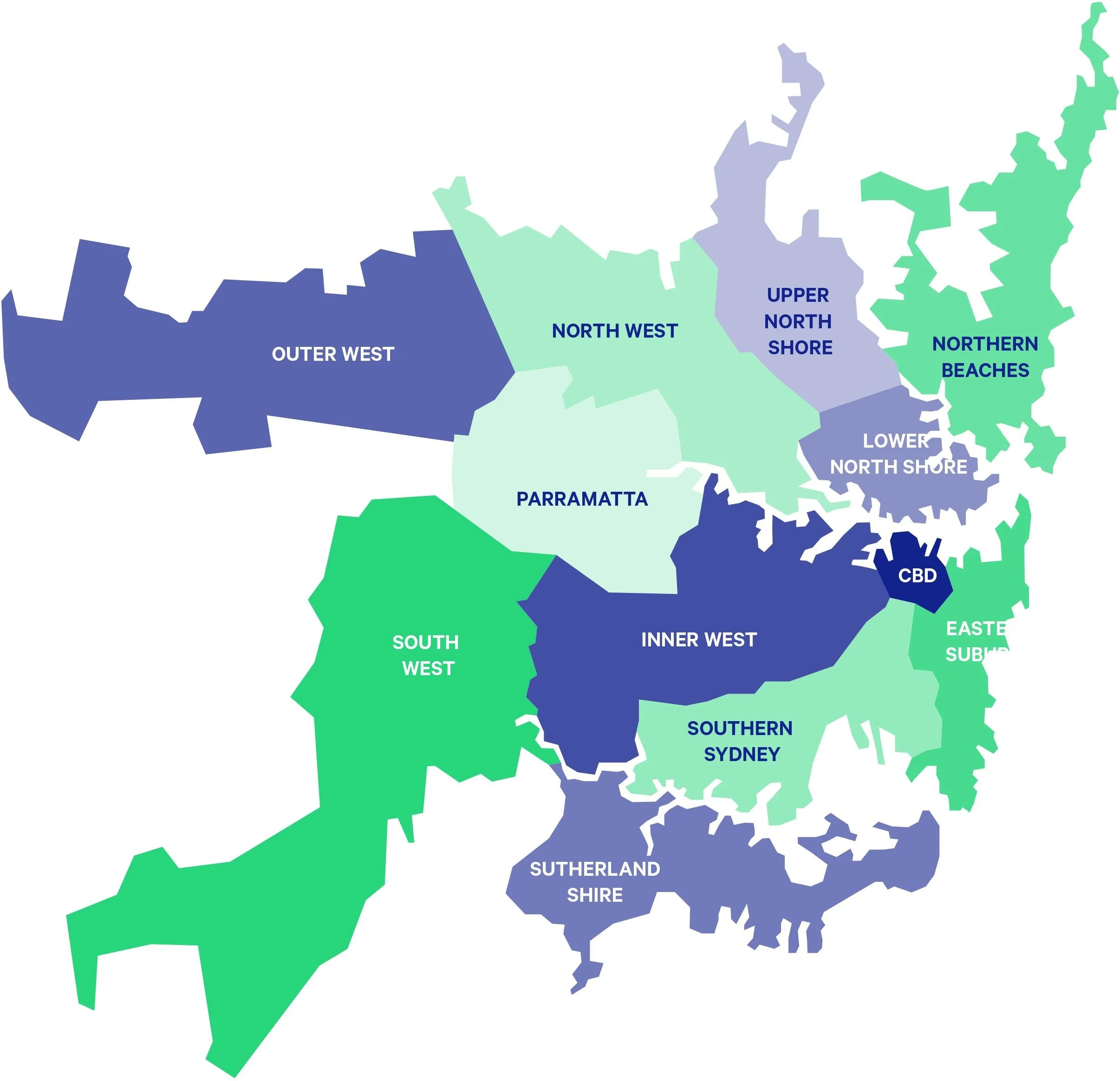 Map of Sydney with different neighborhoods color-coded, including Outer West, North West, Upper North Shore, Northern Beaches, Inner West, Sutherland Shire, and Eastern Suburbs.