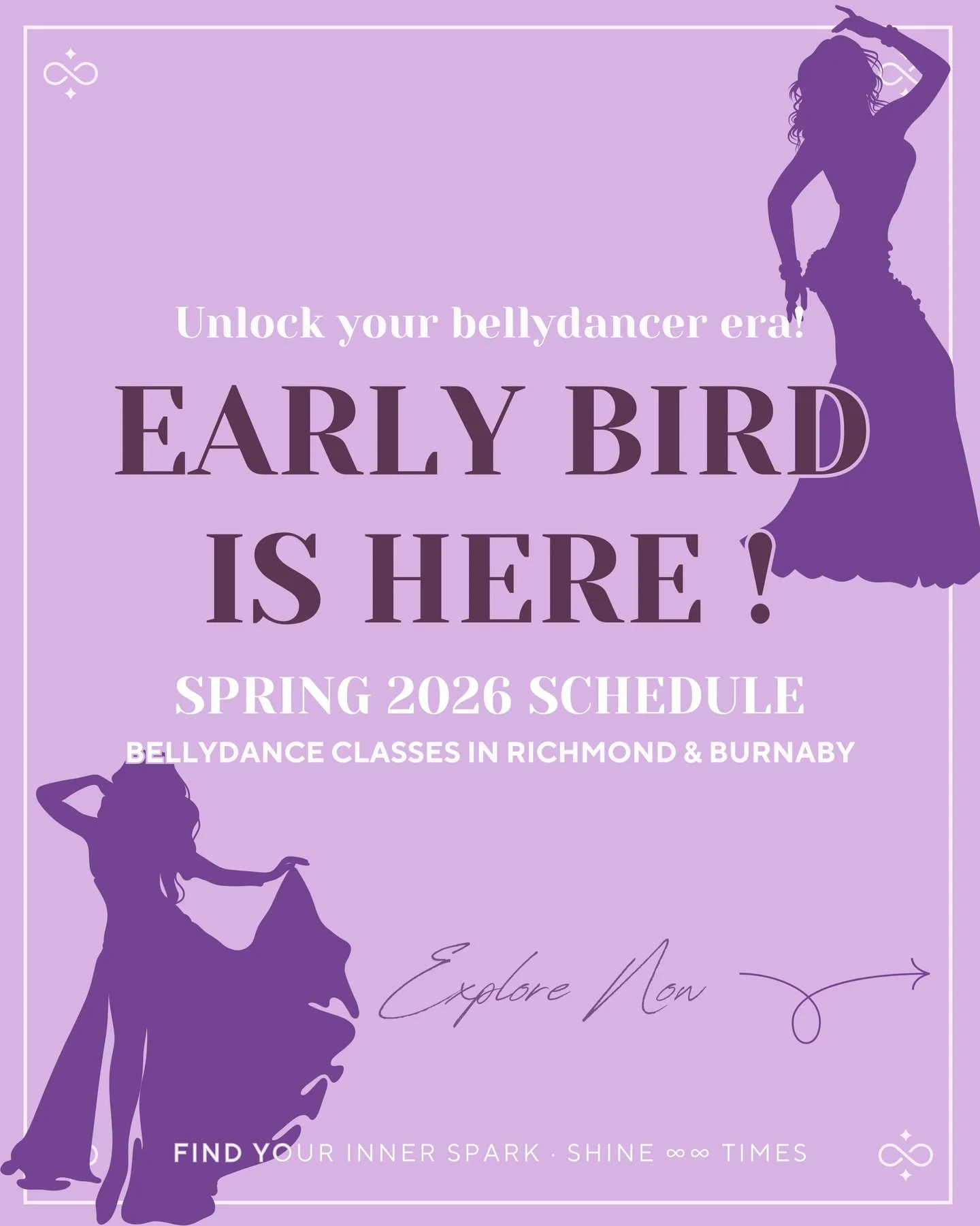 ✨Unlock Your Bellydancer Era in 2026! ✨
Spring Term starts Jan 11 and goes on for 14 weeks &mdash; and the deals are crazy 👀💜

🔥 Early Bird (til Jan 1):
&bull; $15 for 2 Trial Week Dropins
&bull; $25 OFF Full Course (new student) 
&bull; $15 OFF H