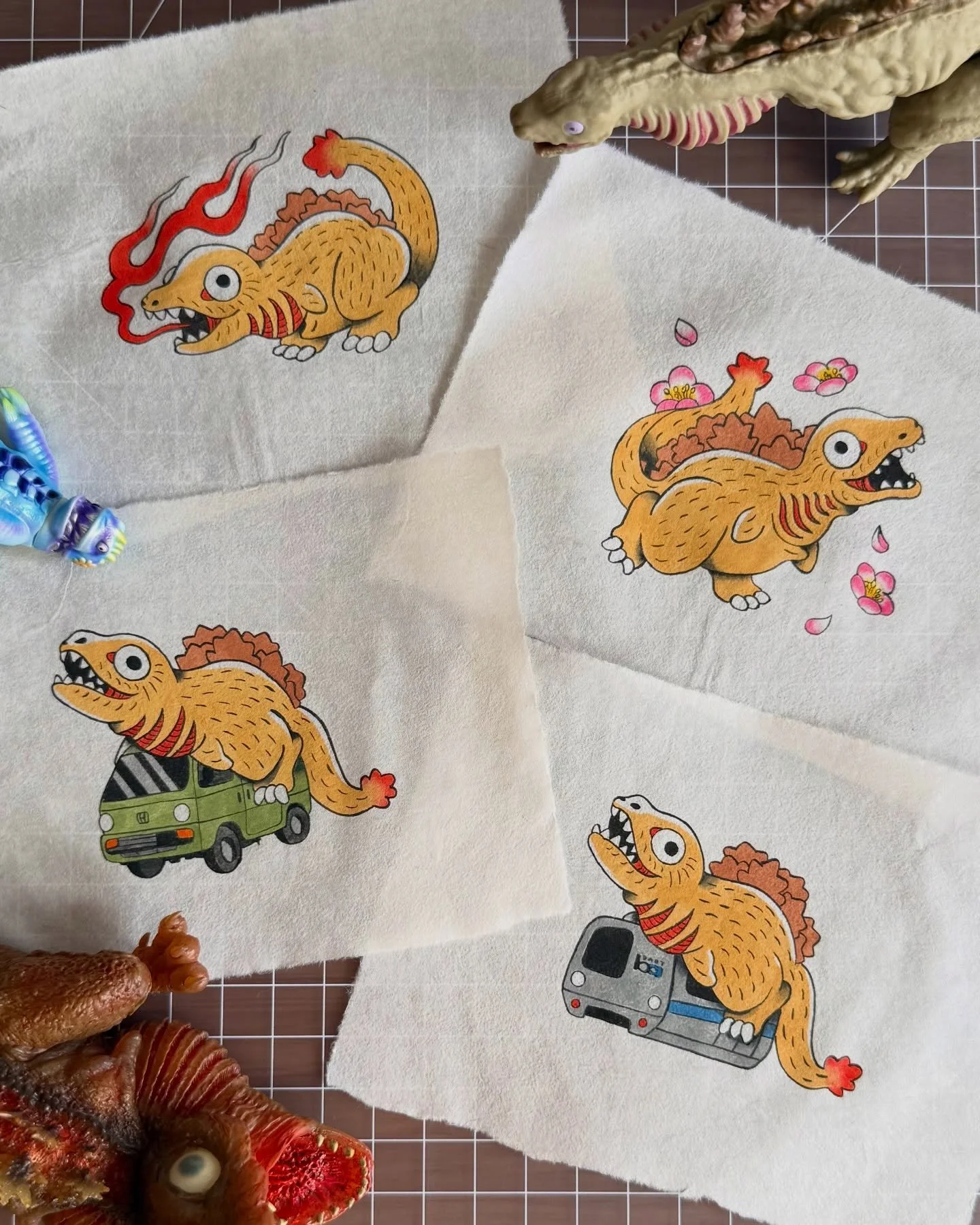 Shin Godzilla second form aka kamata-kun 🚼🦎 Painted these little dudes on washi paper. Available 2 tattoo, we can change the vehicles ( BART / kei van)  to whatever you like 🚄🚅🚈
.
.
.
#godzillatattoo #kamatakun #shingodzilla