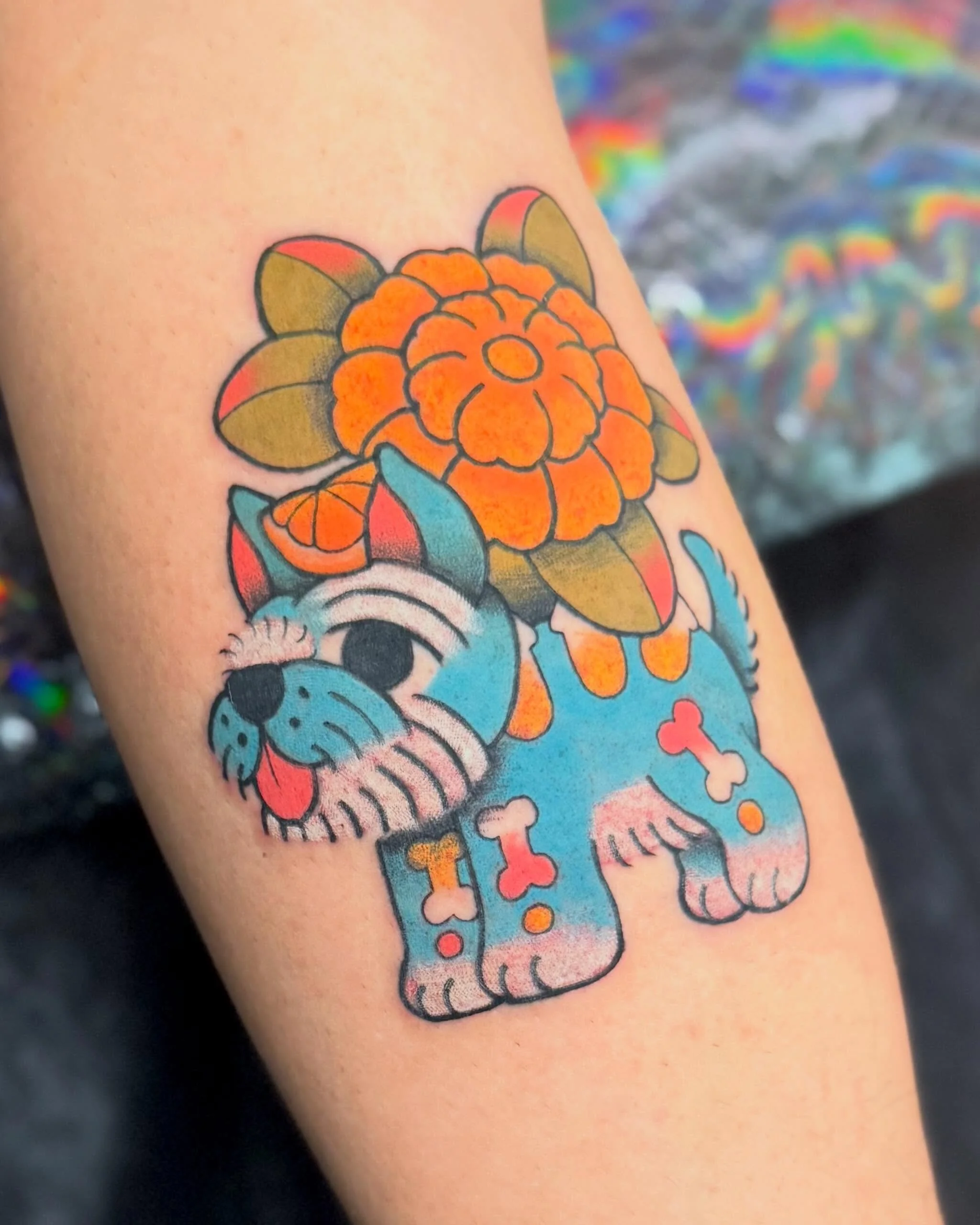 An alebrije inspired yorkie with a marigold flower 🐕🌻
.
.
.
#yorkietattoo #dogtattoo