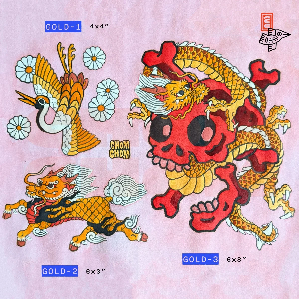 japanese flash gold yellow crane daisies kirin qirin skull bones dragon