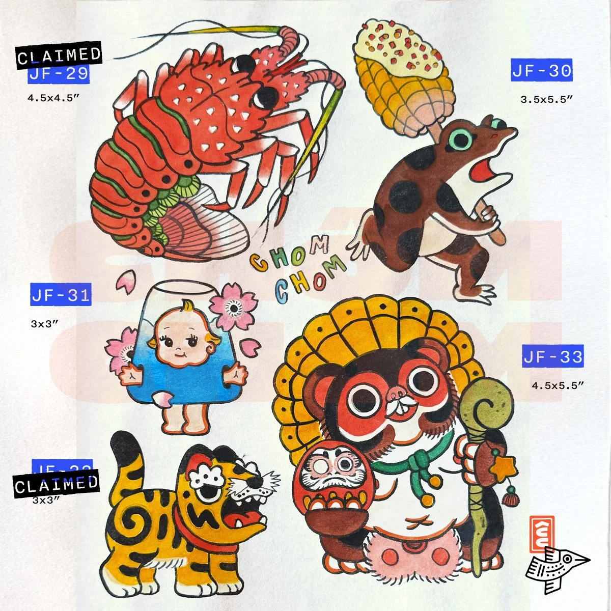 japanese flash spiny lobster elote corn frog mt fuji kewpie tiger tanuki daruma