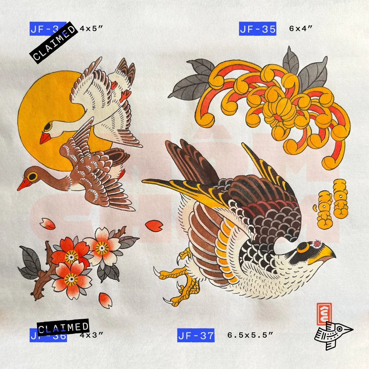 japanese flash hokusai geese falcon hawk chrysanthemum kiku sakura cherry blossom