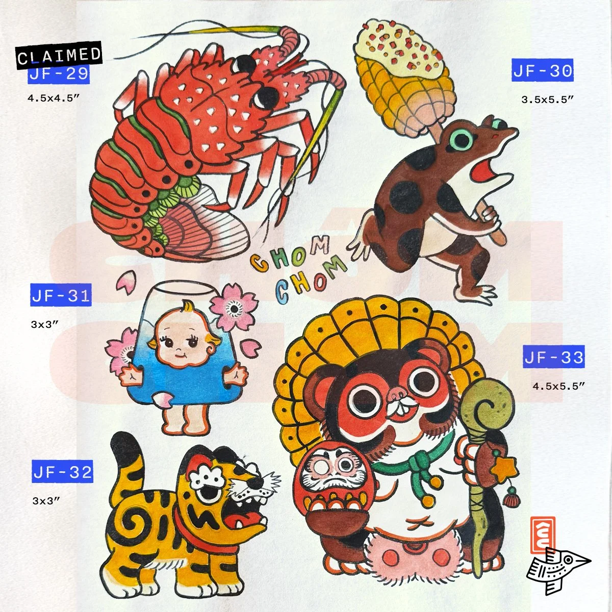 japanese flash spiny lobster elote corn frog mt fuji kewpie tiger tanuki daruma