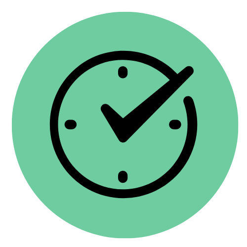 Icon of a clock with a check mark in the center, indicating reliability.
