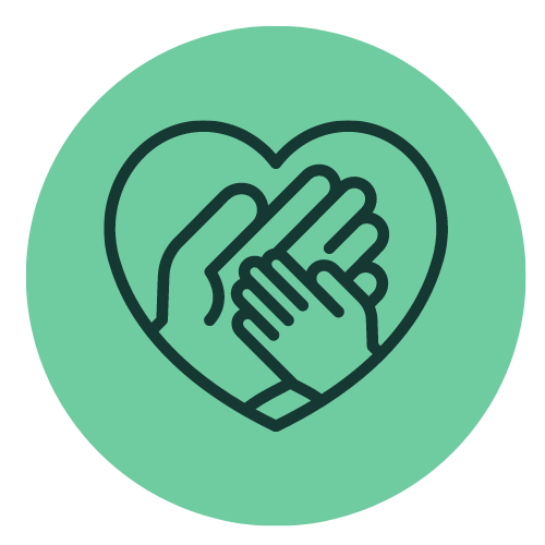 Icon of two hands forming a heart shape with a smaller heart outline inside, symbolising family run and  care.