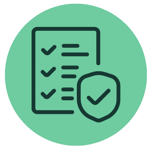 Icon of a checklist with checkmarks and a shield with a checkmark, fully insured