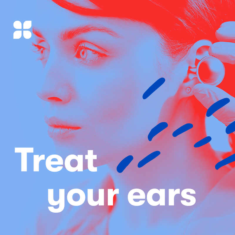 Close-up of a woman's face with a hearing aid, accompanied by the text 'Treat your ears.' The image has a stylized blue and red colour scheme. Ear wax removal