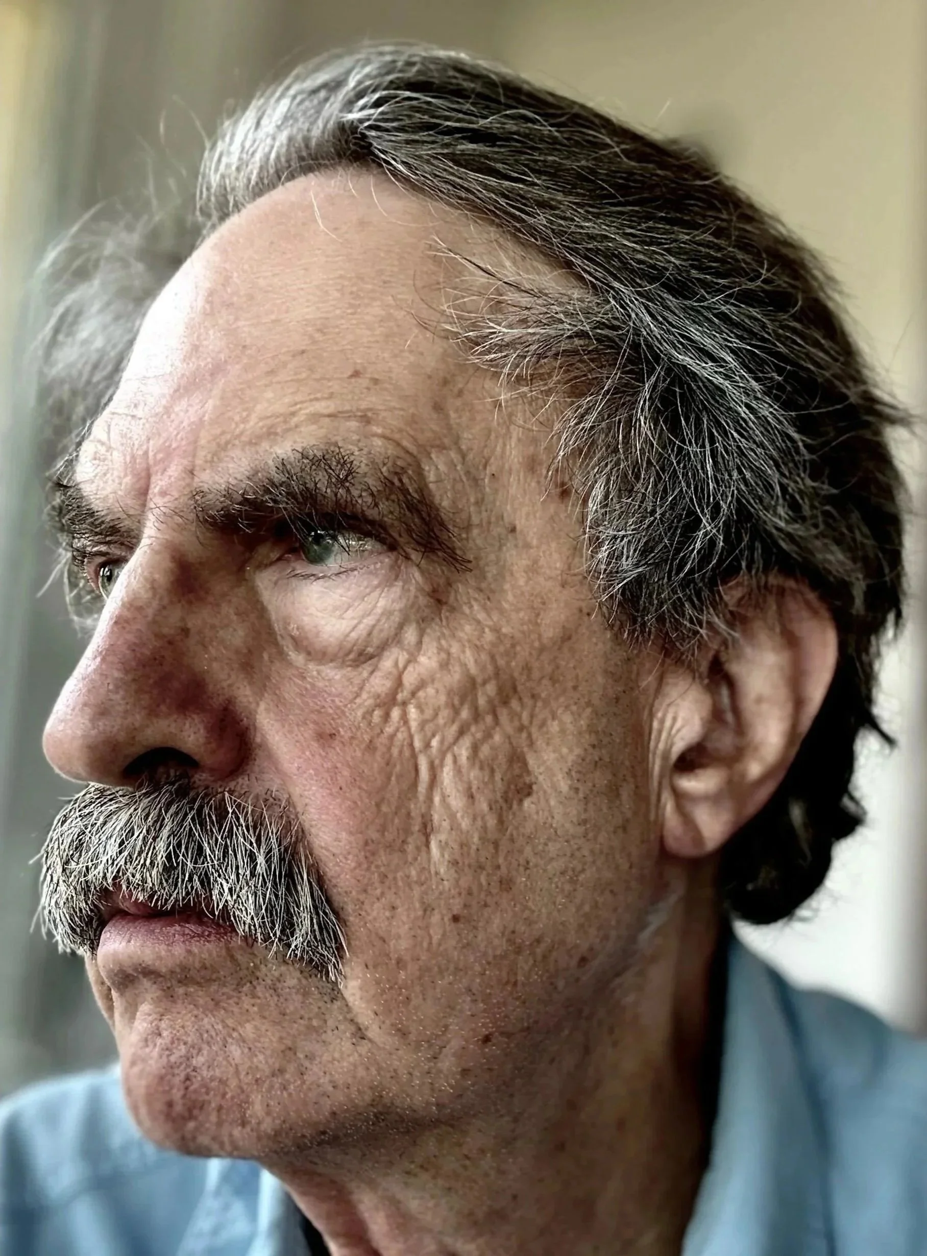 Close-up of an older man with gray hair, displaying wrinkles and a gray mustache, looking thoughtfully to the side near a window.