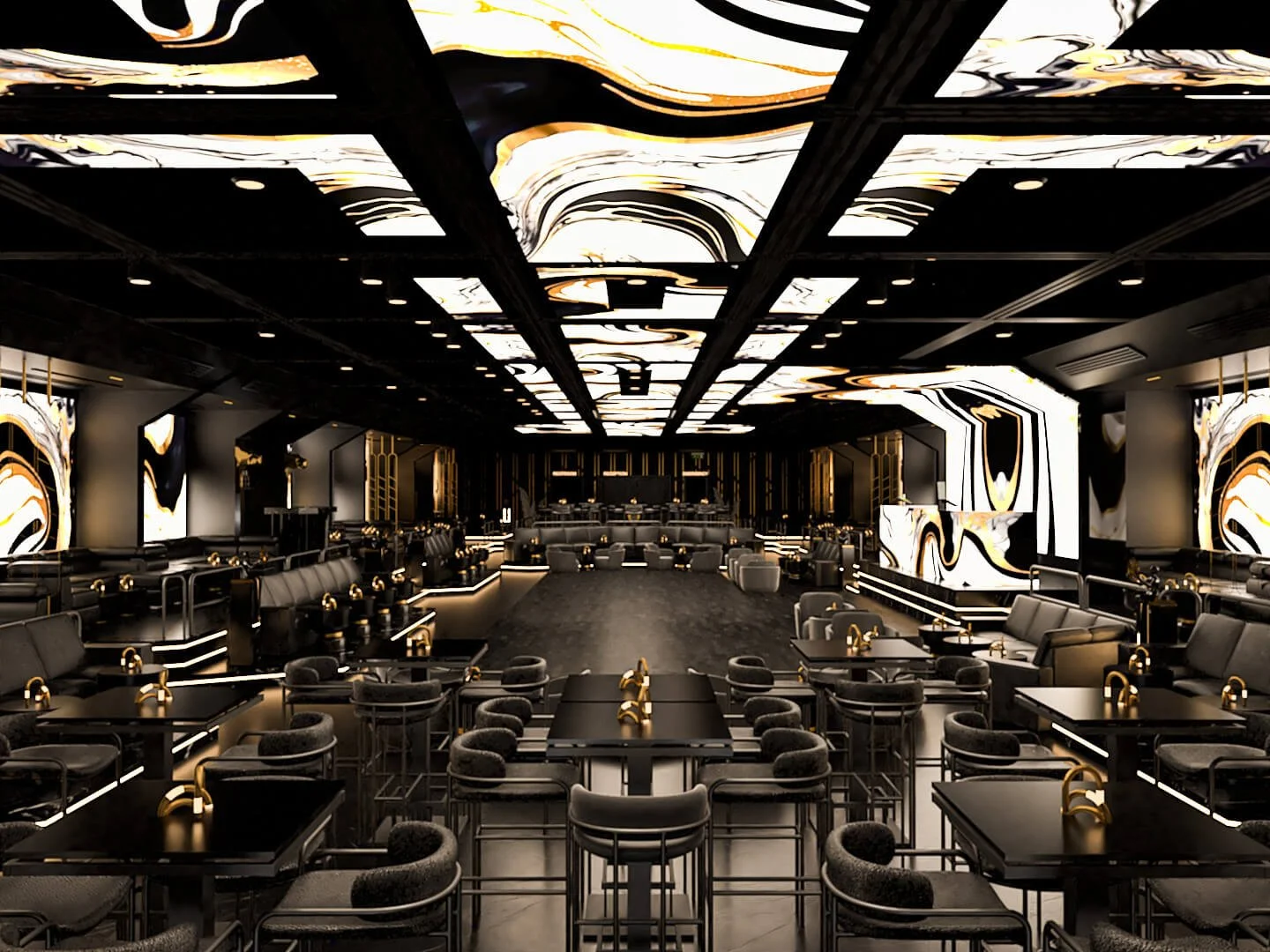 A trendy black room with a disco atmosphere in Zamalek, Cairo, featuring gold partitions and huge screens. The space combines bold black tones with luxurious gold accents, creating a dynamic and vibrant environment with a modern, stylish flair.