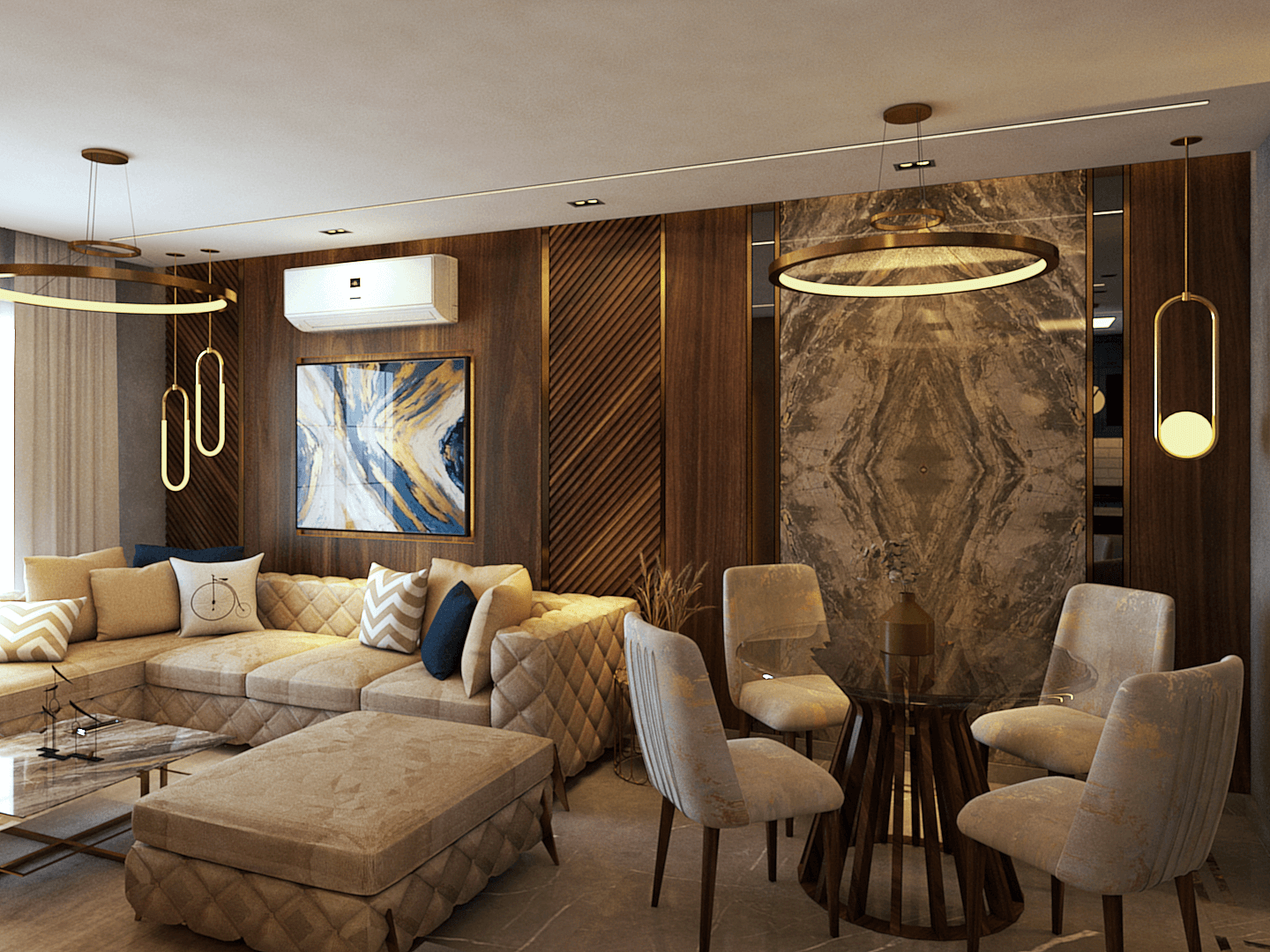 An elegant living room featuring a large sectional couch and a sophisticated coffee table, accented by luxurious wood and marble details. The walls are adorned with CNC-designed cladding, marble, and black mirrors, enhancing the room’s modern, high-e