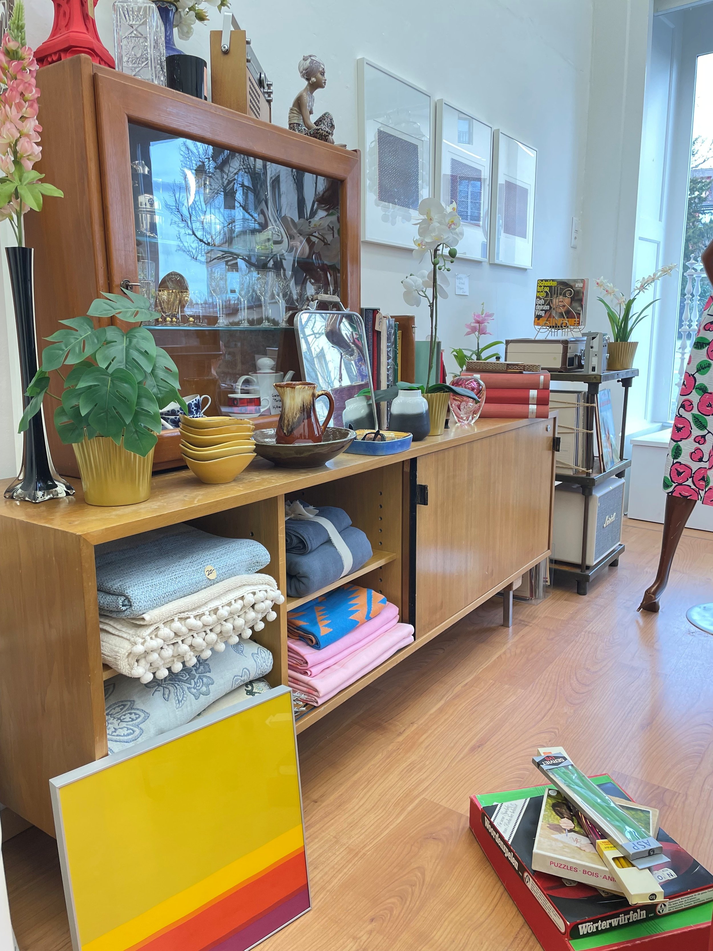 Inneneinrichtung mit Holzregalen, Pflanzen, dekorativen Objekten, Büchern, Porträts an der Wand, einem großen Fenster und Spielzeugboxen auf dem Boden.