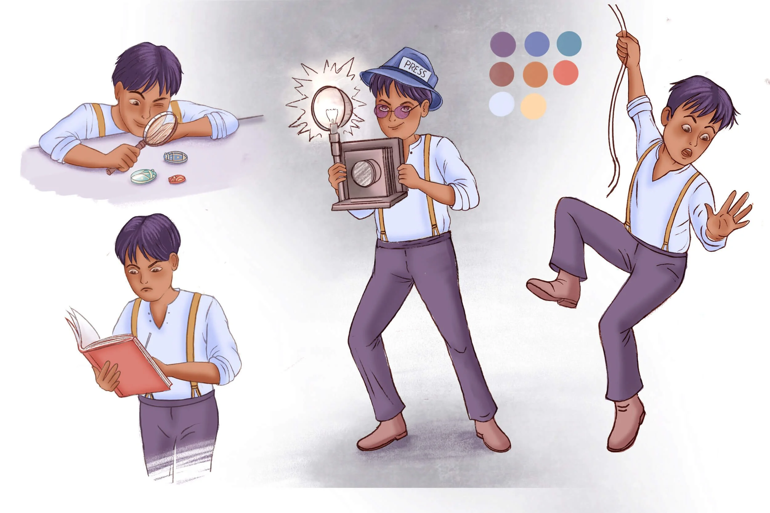 Illustrations showing character studies for a middle grade graphic novel mystery. A dark skinned boy in different poses, moods and costumes. The time is the 1920´s. He is writing, taking a photograph, looking at scarabs and hanging from a rope.