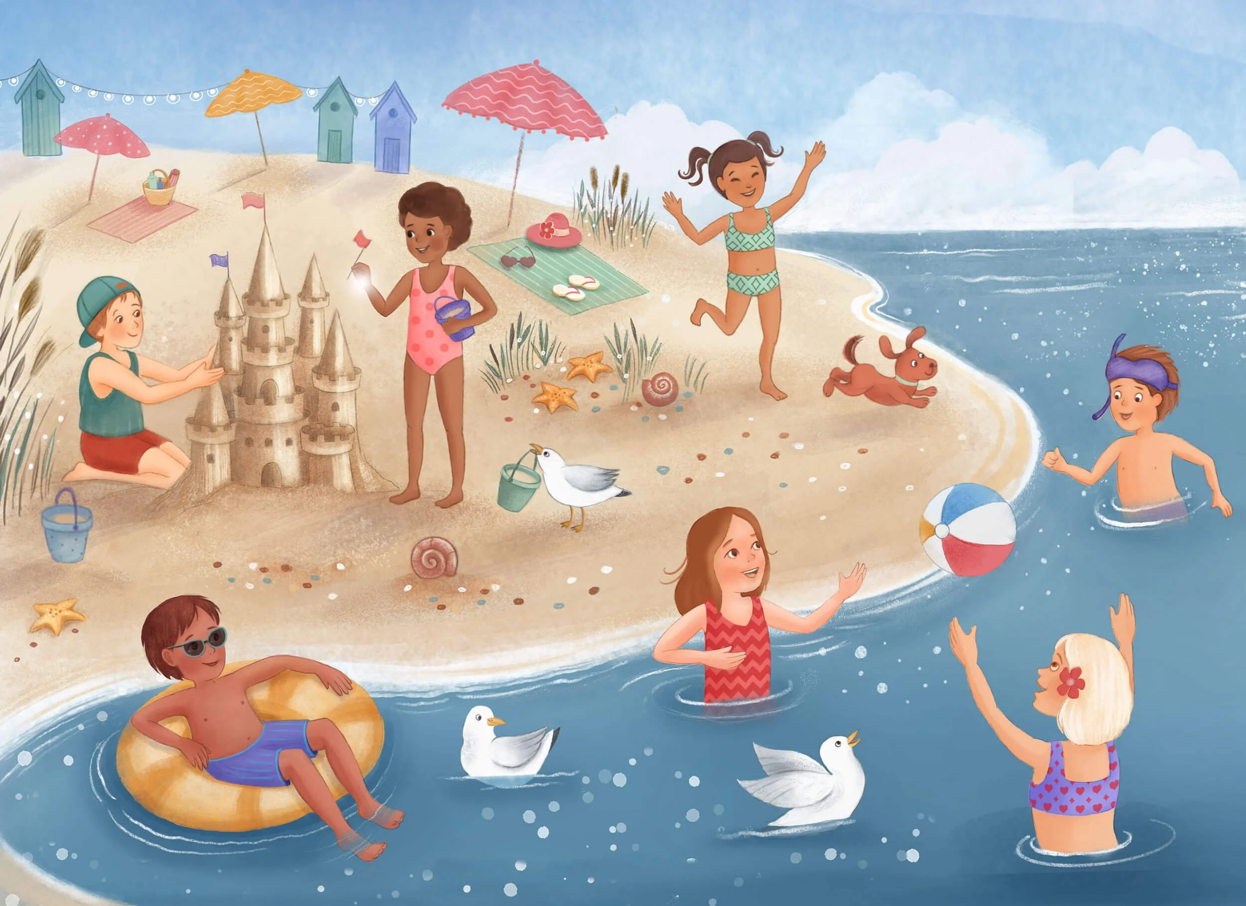 This is digital illustration for a children's picture book. A beach scene with kids of all races and nationalities playing an swimming in the sea.  Some kids are building a sandcastle while others play ball or just relaxing in the water.