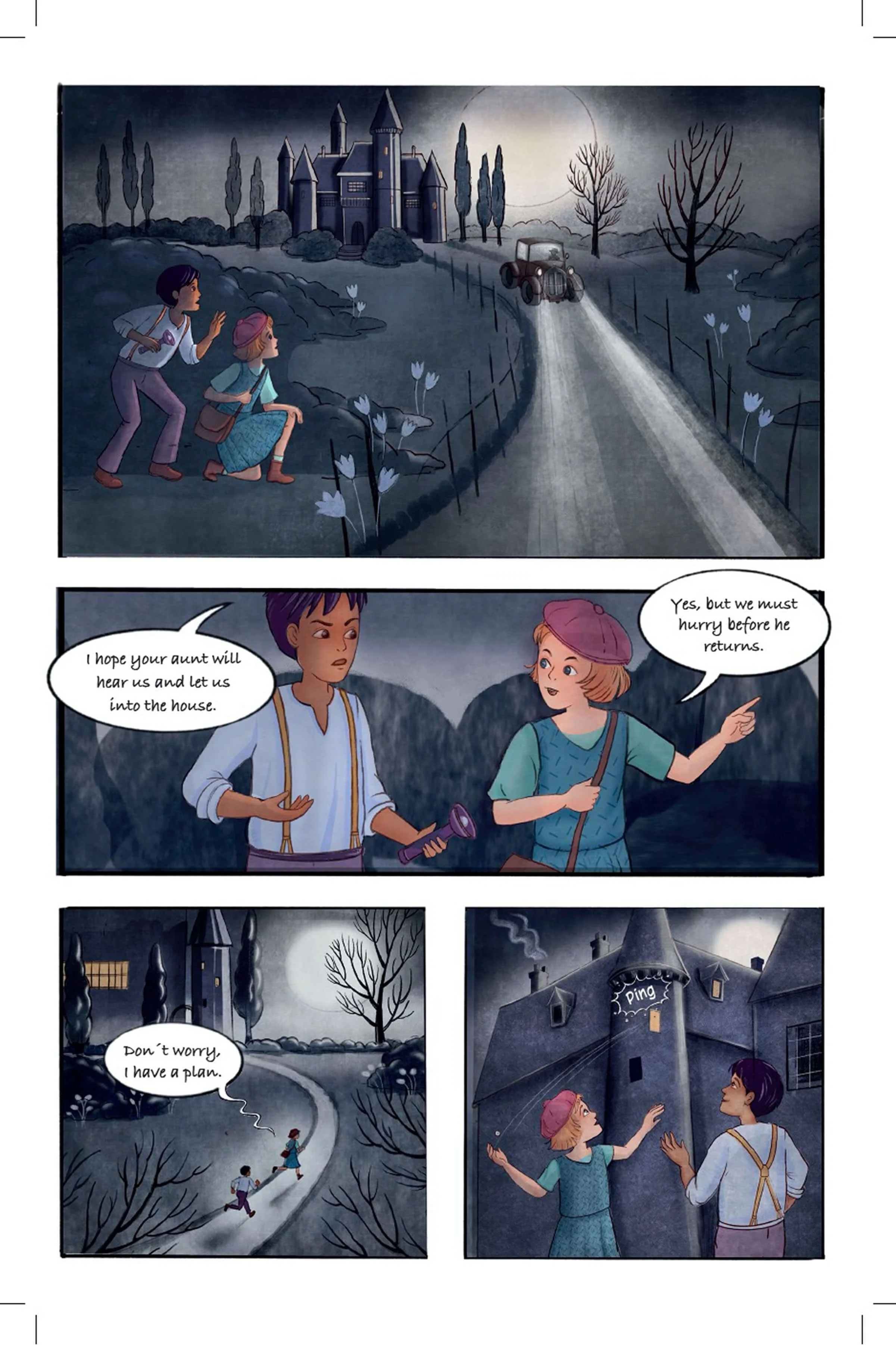 Page with panels for a middle grade graphic novel mystery. It is a night scene. A boy and girl hiding in the bushes waiting for a car to leave. They run towards the castle and throwing pebbles at a window.