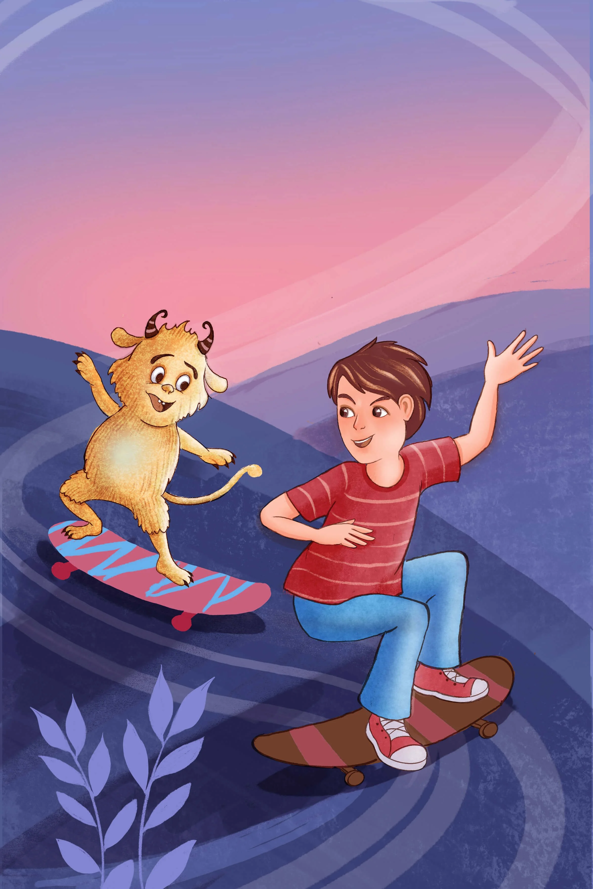 Illustration front book cover for early reader graphic novel. Boy and yellow monster riding on skateboards. Bold images, the colours are purple, pink and yellow.