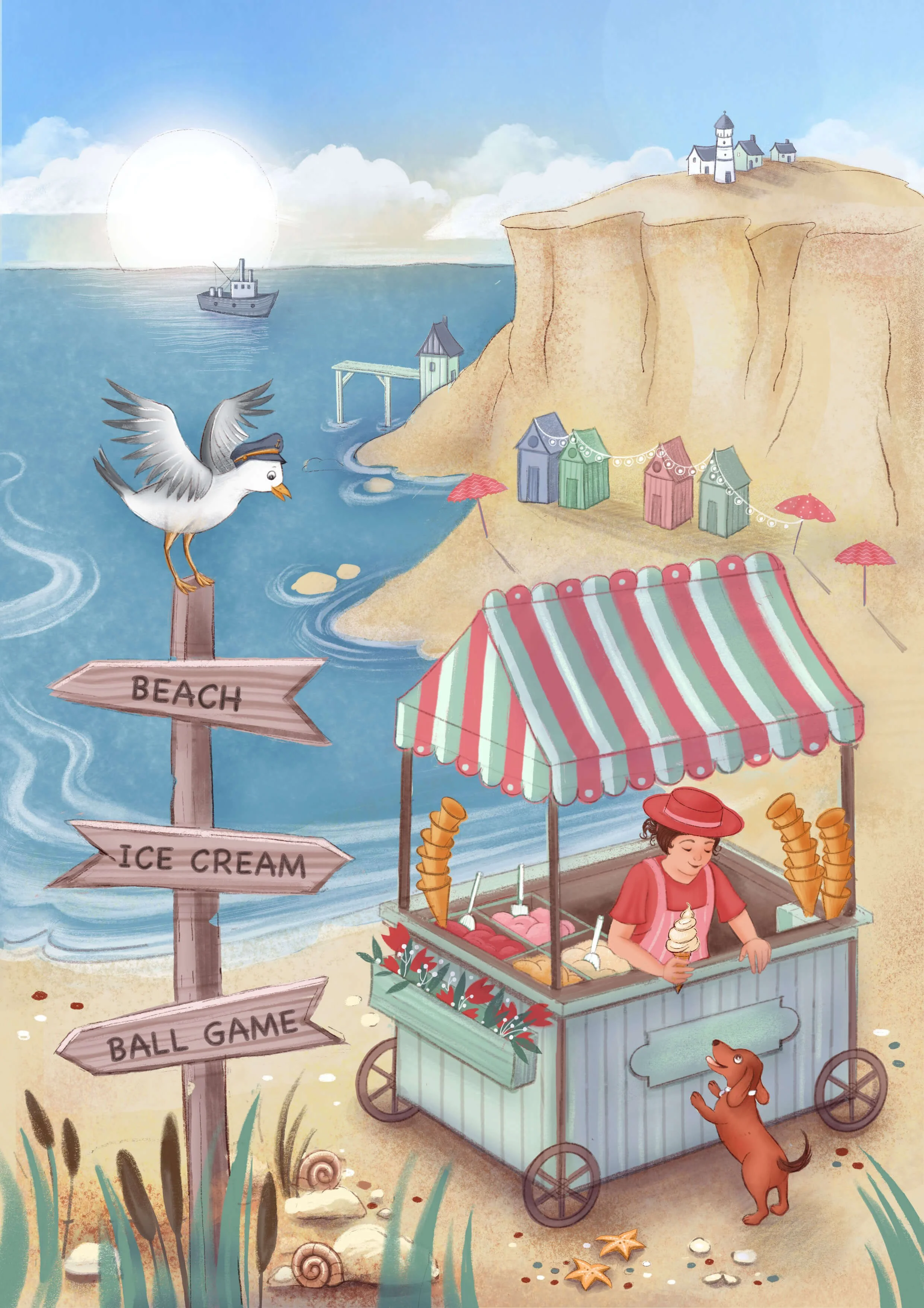 a digital illustration for a picture book. A beach scene with an ice cream van, inside is a lady wearing a hat offering a dog an ice cream cone. A seagull is sitting on a signpost. In the distance is a boat and on the cliff tops stands a lighthouse.