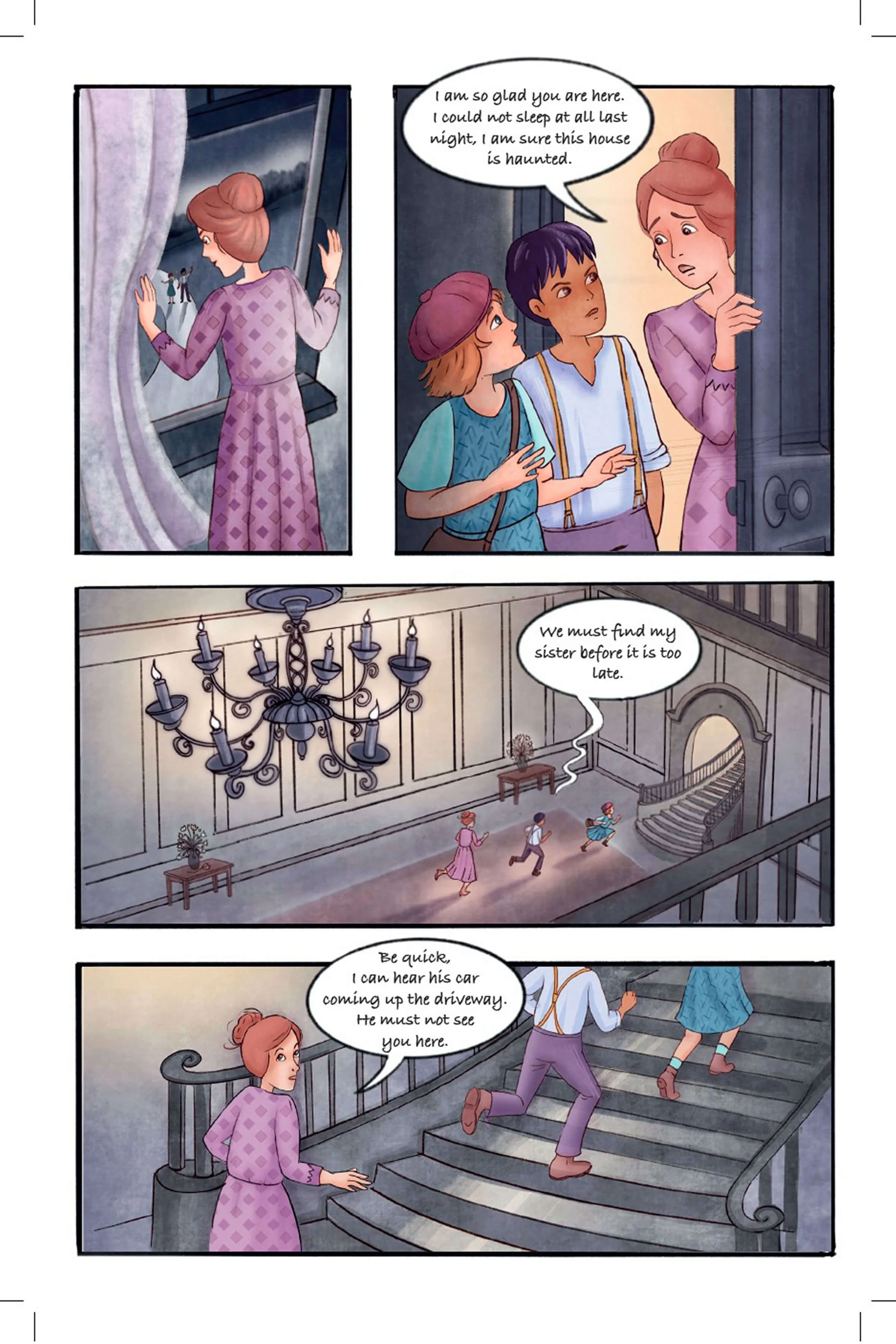 Page with panels for a middle grade graphic novel mystery. A woman looks outside the window, she lets the kids inside the castle. They run down a large hall and up the staircase. There is a big chandelier hanging from the ceiling.