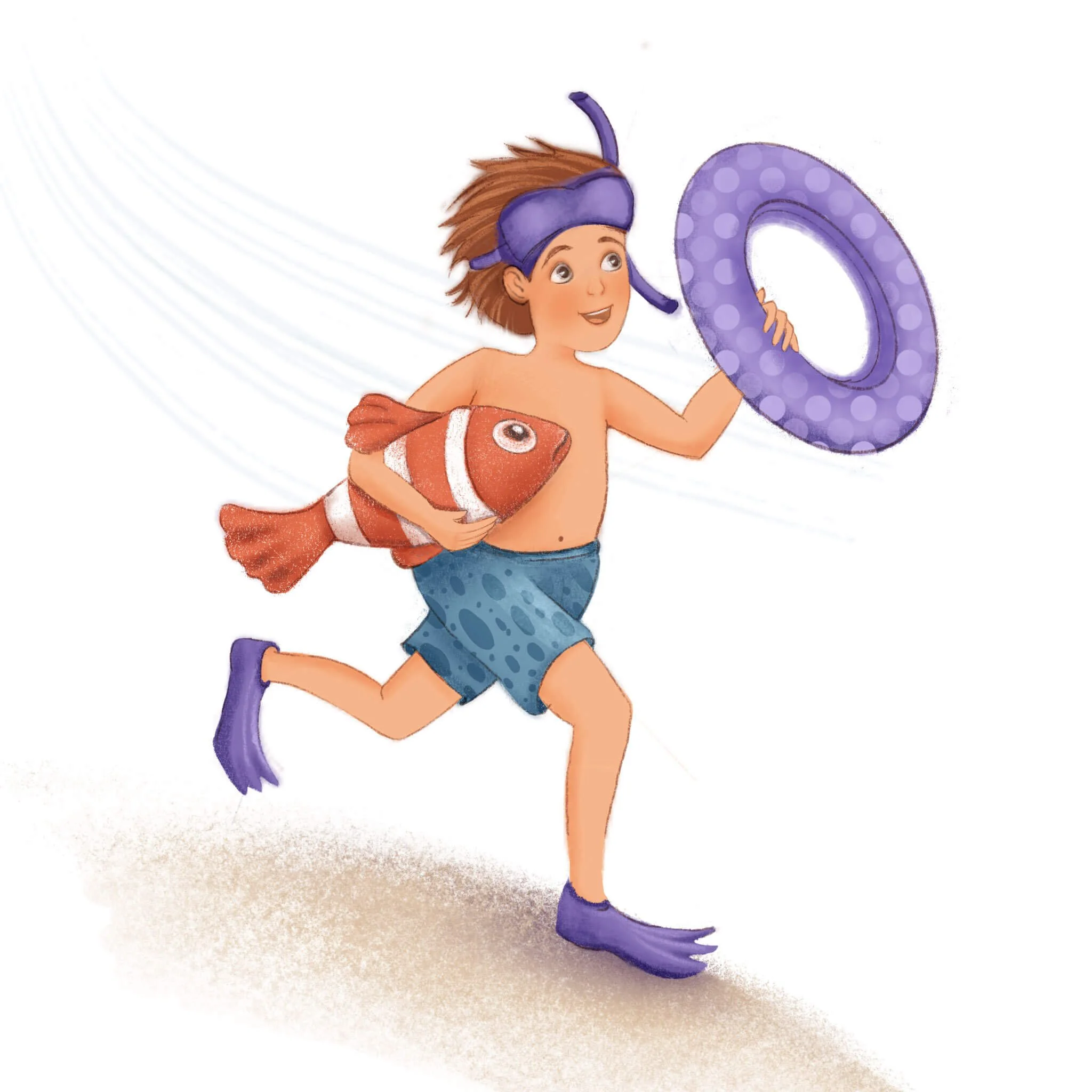 A spot illustration or vignette for a picture book. A boy is running towards the sea. He is wearing a snorkel and is holding a swimming in one hand and an inflatable fish under his arm.