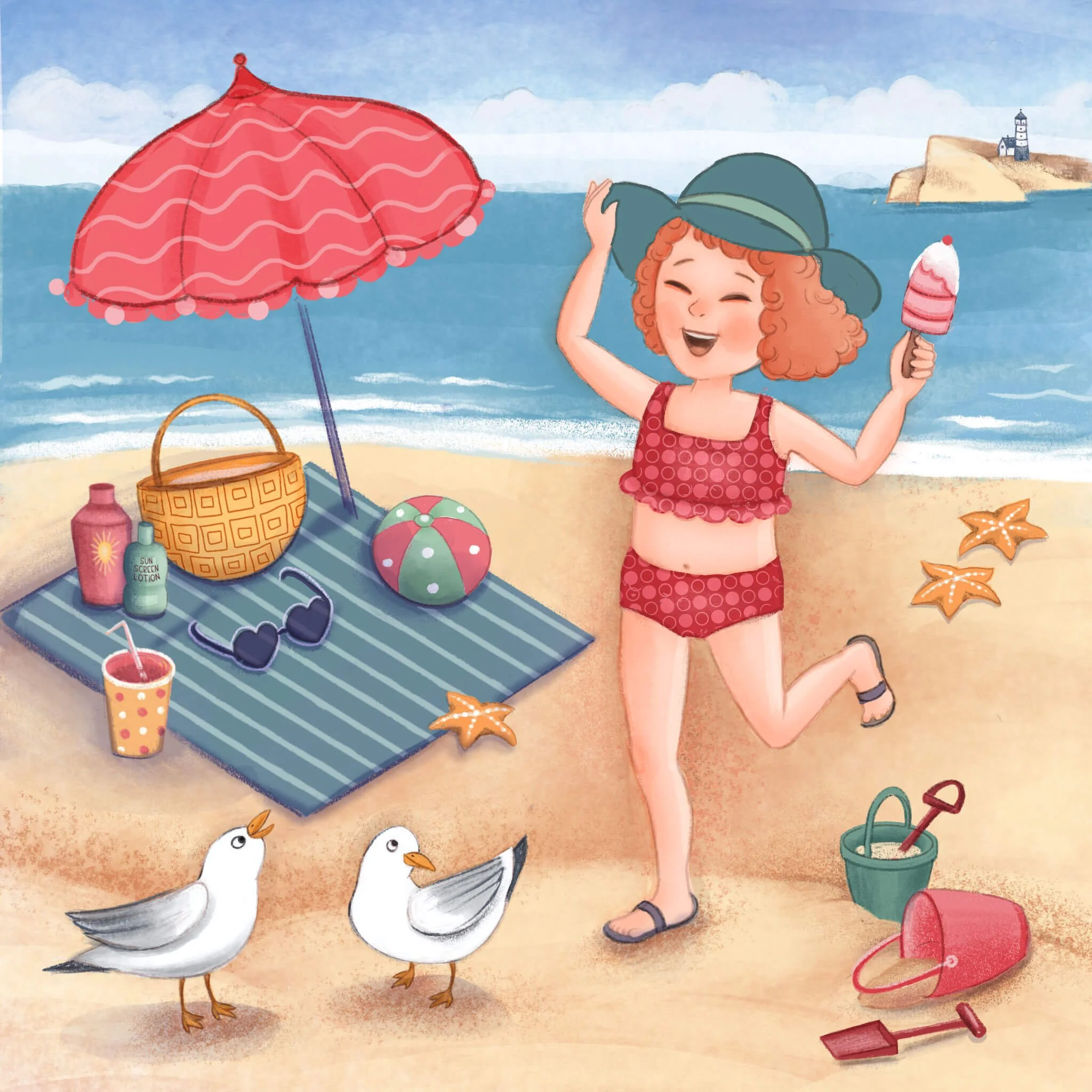 A digital illustration for a picture book. A girl at the beach is running holding her hat while eating an ice cream. There are seagulls and starfish and a blanket with a sunshade. The sky is blue and the sun is shining.