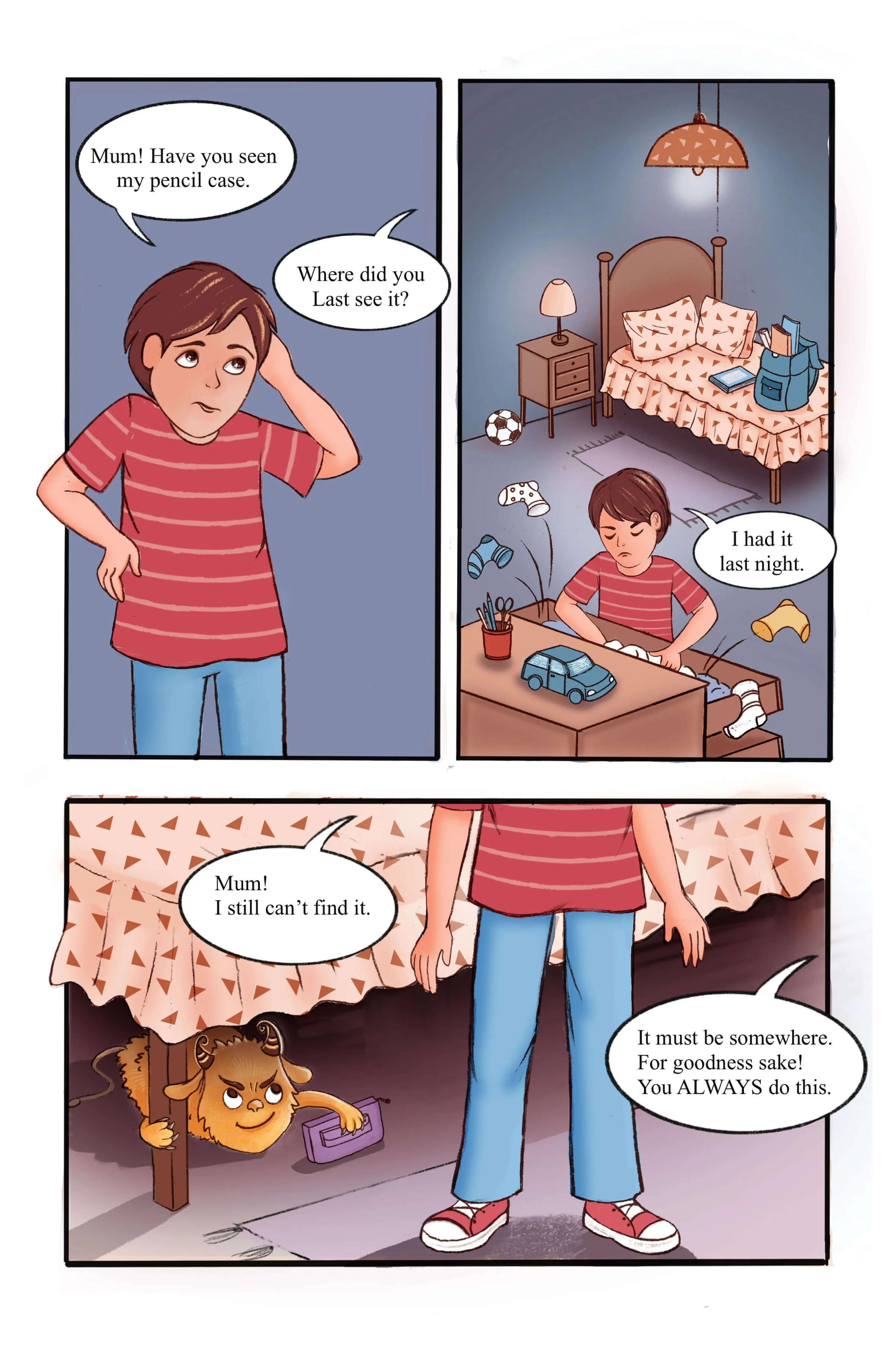 Illustration aimed at early readers graphic novel. Panels with speech bubbles. A kids bedroom where a boy is looking for his pencil case. A yellow monster hides underneath the bed.