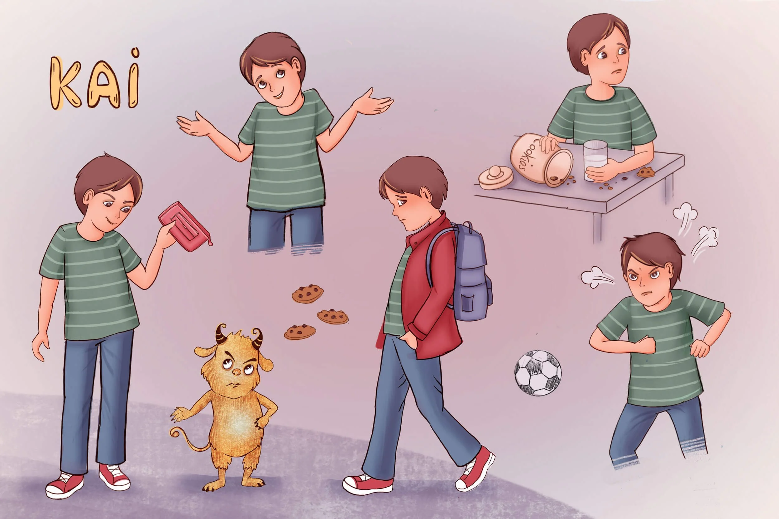 Illustrations for an early readers graphic novel. Character studies of different poses, moods and clothes. Boy at the table, holding a pencil case teasing a yellow monster, He has a schoolbag and a football.
