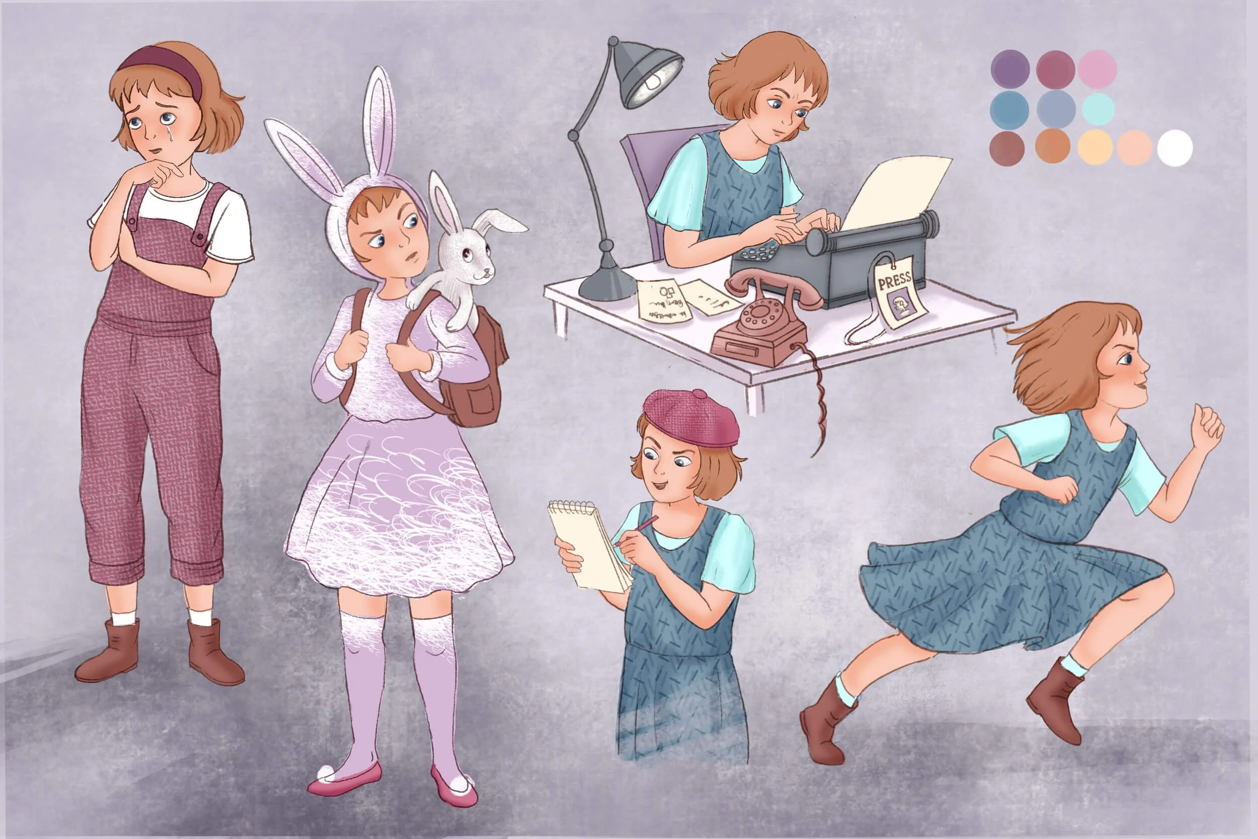 Illustrations showing character studies for a middle grade graphic novel mystery. A girl in different costumes, moods and poses. The time is the 1920´s. The girl is running, typing, writing and holding a rabbit.