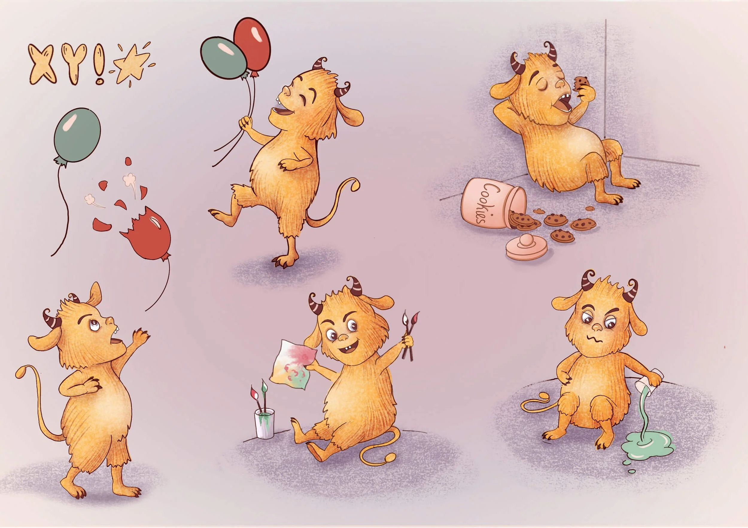 Illustration for an early readers graphic novel. Character studies of different poses and moods. A cute yellow monster is munching cookies, messes with paints, pops balloons.