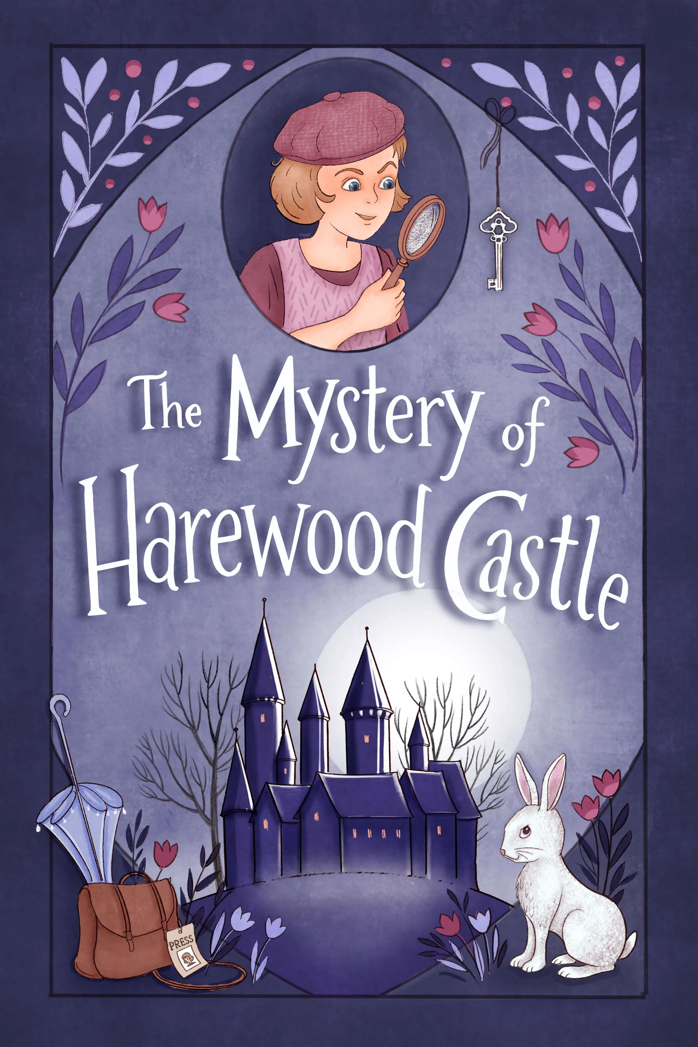 Front cover illustration for a graphic novel middle grade mystery. The moon is rising behind a castle in the background. A white rabbit and a bag with press kit are in the forefront. A girl holds a magnifying glass.