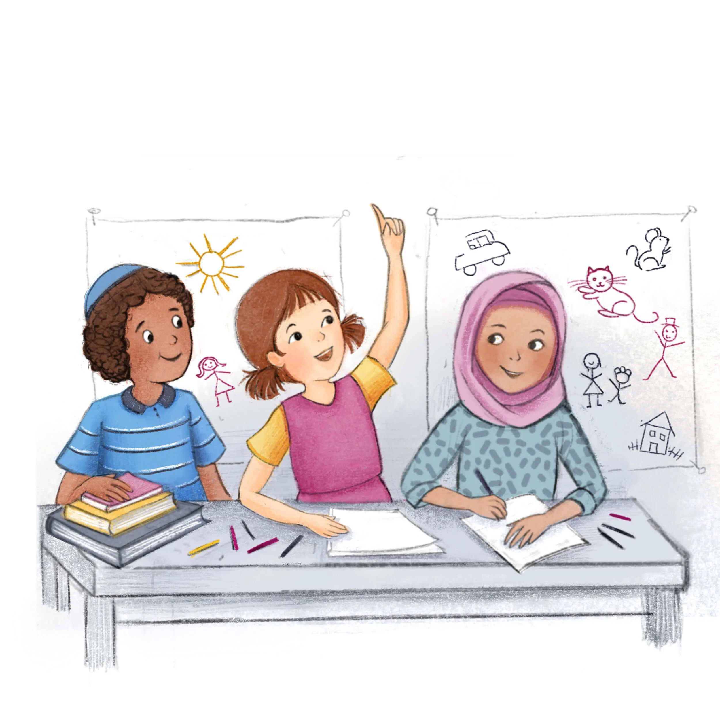 peace-illustration.jewish-boy.muslim-girl.classroom.character-illustration-design