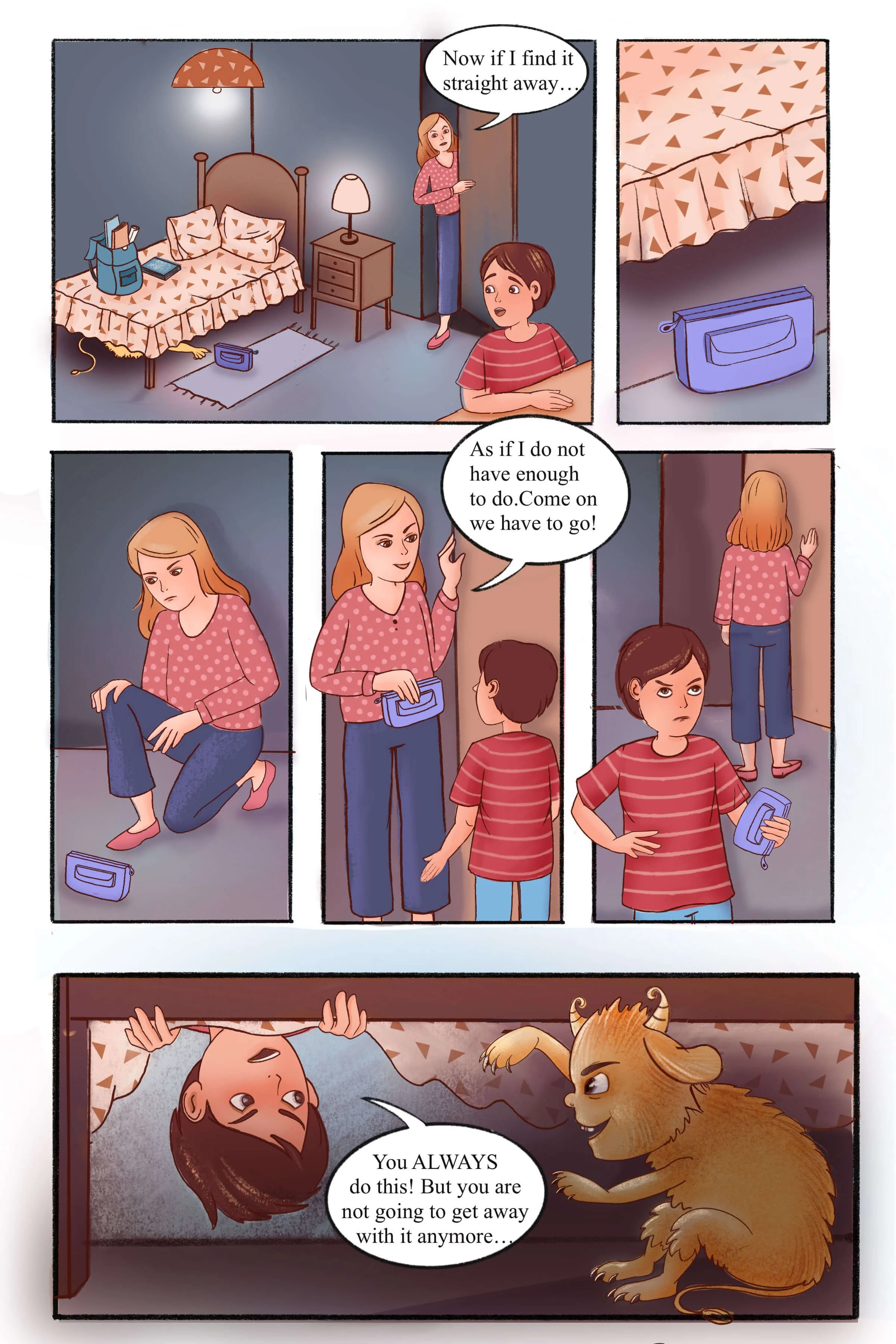 Illustrations aimed at early readers graphic novel. A boy in his bedroom is looking for his pencil case. Mum enters the room and finds the pencil case. Underneath the bed a yellow monster is hiding in the dark.