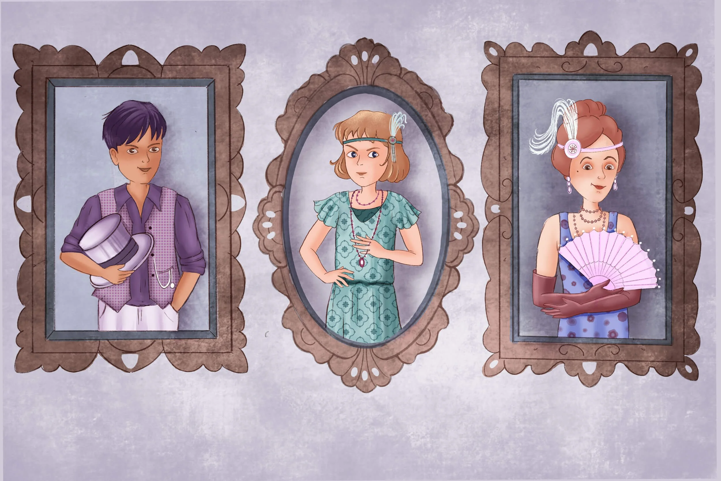 Illustration showing characters for a middle grade graphic novel mystery. A row of character portraits on the wall showing people in evening dress. The time is the 1920´s. A woman holding a fan, a boy clutching a top hat and a girl with an amulet.