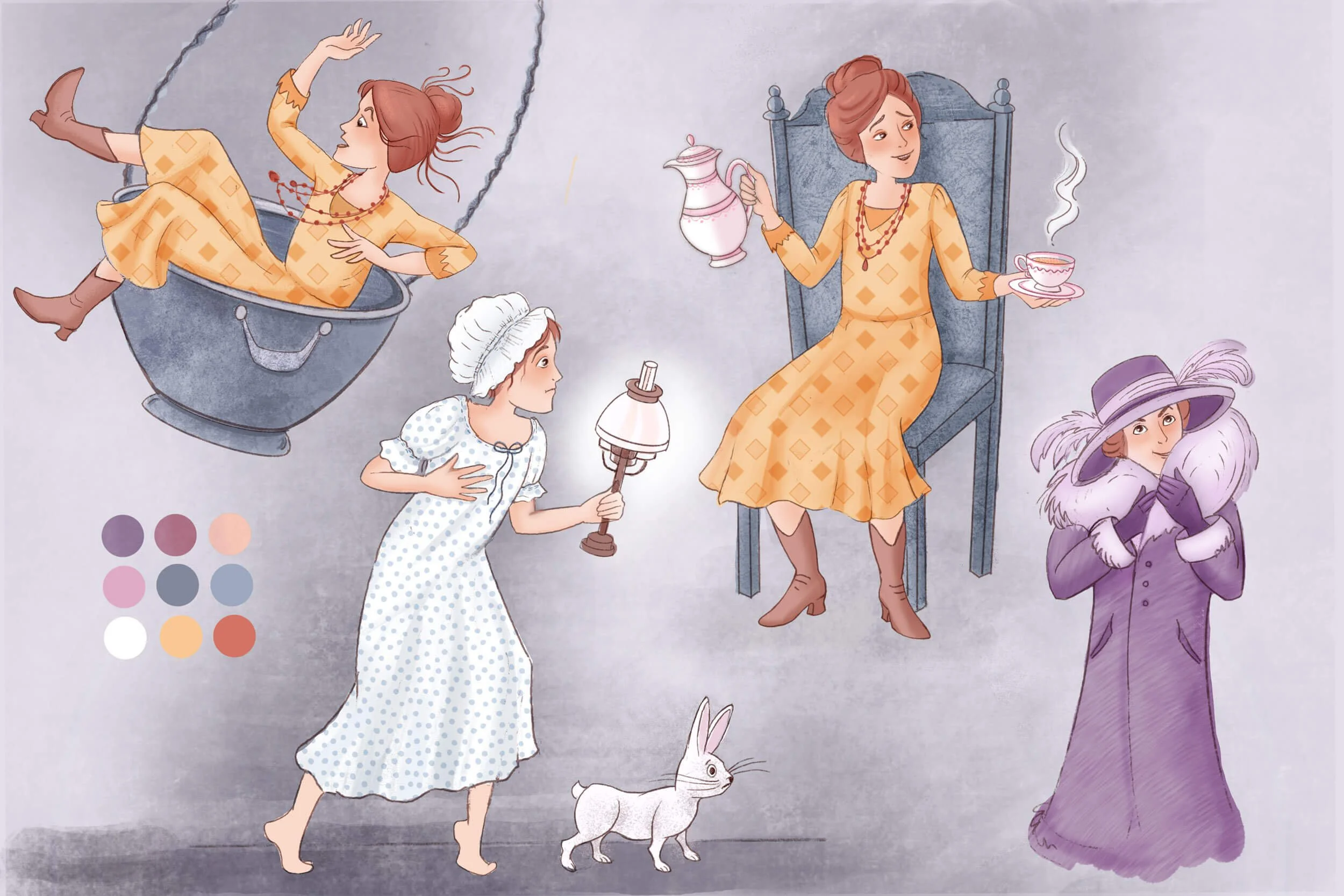 Illustrations showing character studies for a middle grade graphic novel mystery. A red haired woman in different poses, moods and costumes. The time is the 1920´s. She is following a white rabbit, swinging in a cauldron and offering tea.