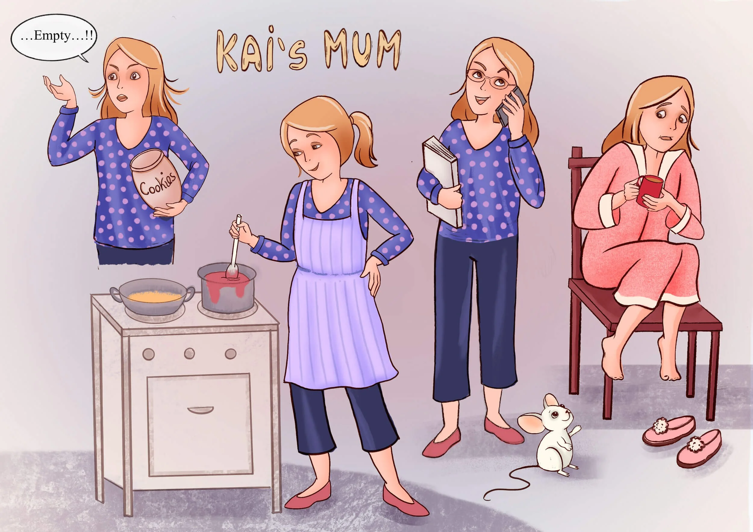 Illustration for an early readers graphic novel. Character studies of different poses, moods and clothes. Mum is cooking, she is scared of a mouse, talks on her mobile phone and holds an empty cookie jar.