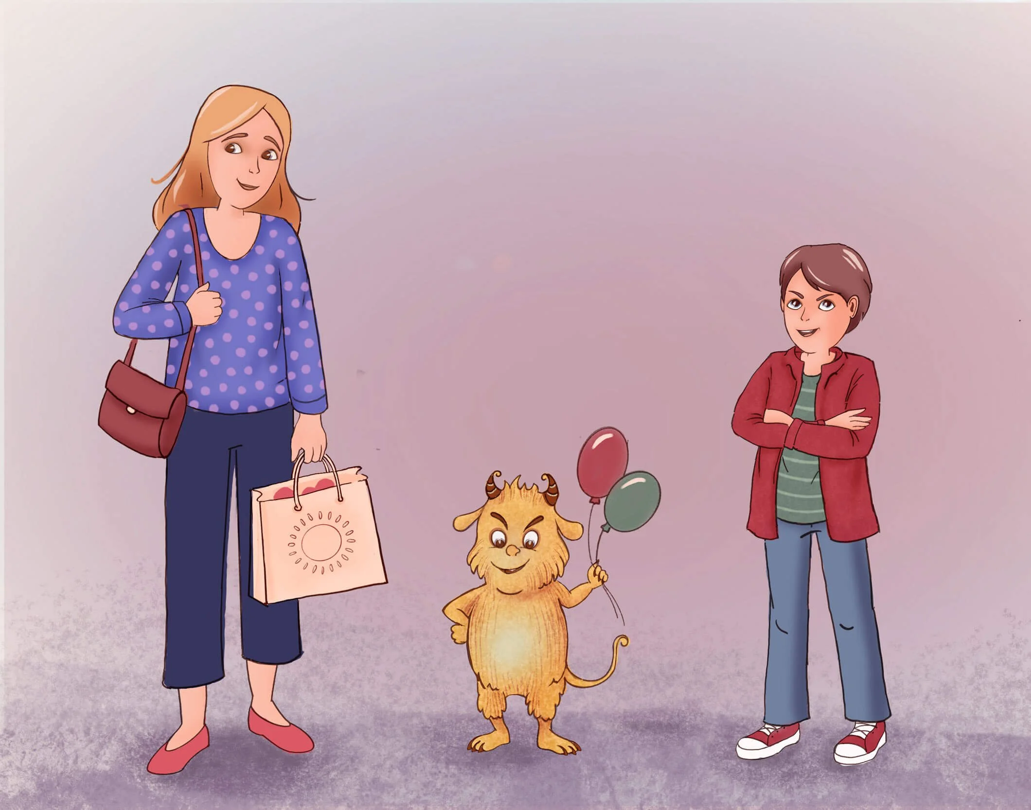 Illustrations for an early readers graphic novel. A character of the main characters, a boy looking confident, a yellow monster holding balloons and mum loaded with shopping bags.