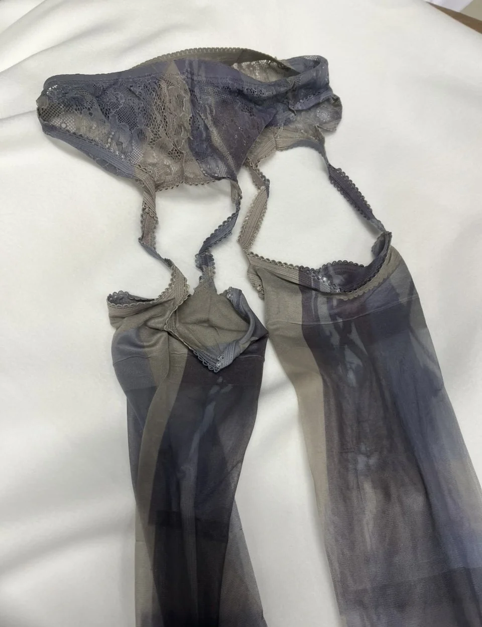 office-core, office-siren, grayscale lingerie, abstract legwear, closed up view in detail