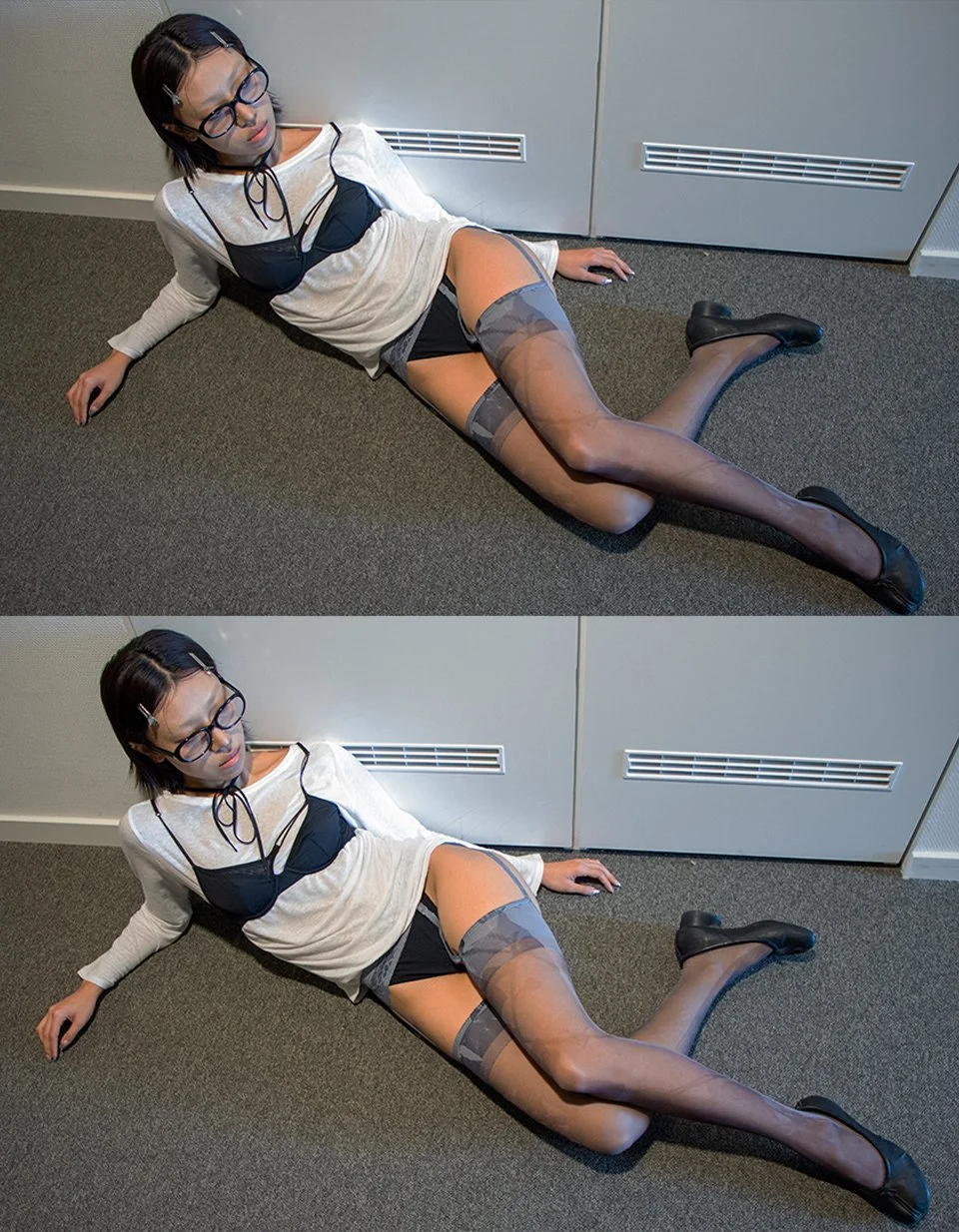 office-core, office-siren, printed lingerie, sheer tights, fetish aesthetic, techno club outfit, mesh hosiery, asymmetrical print, grayscale lingerie