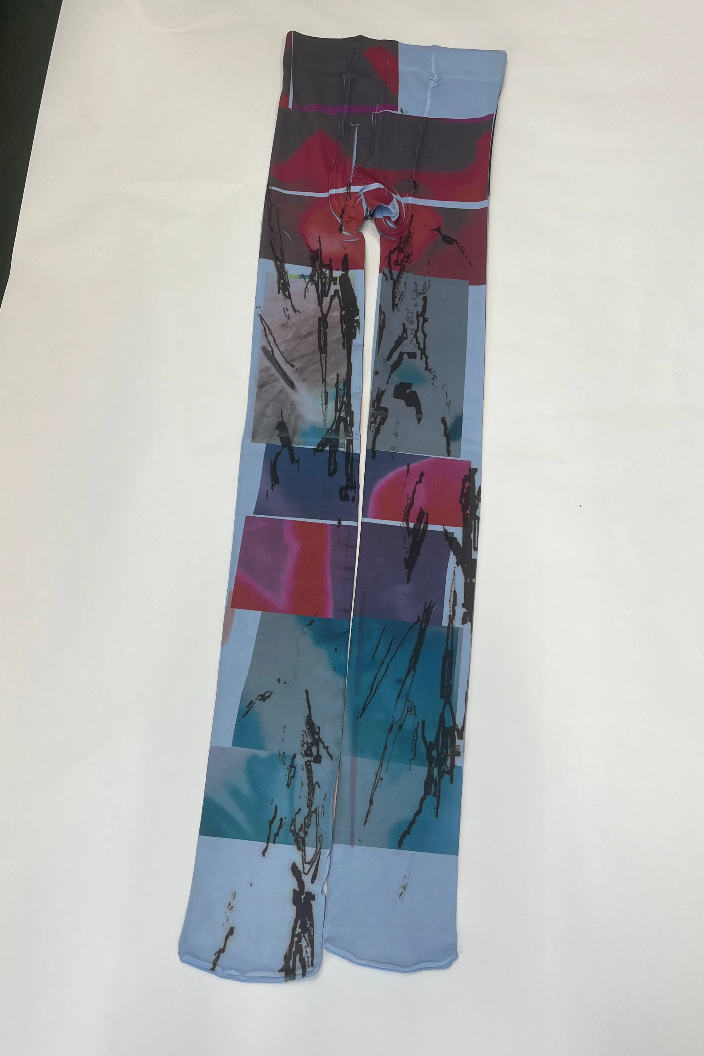 Magenta toned color collage print on baby blue tights