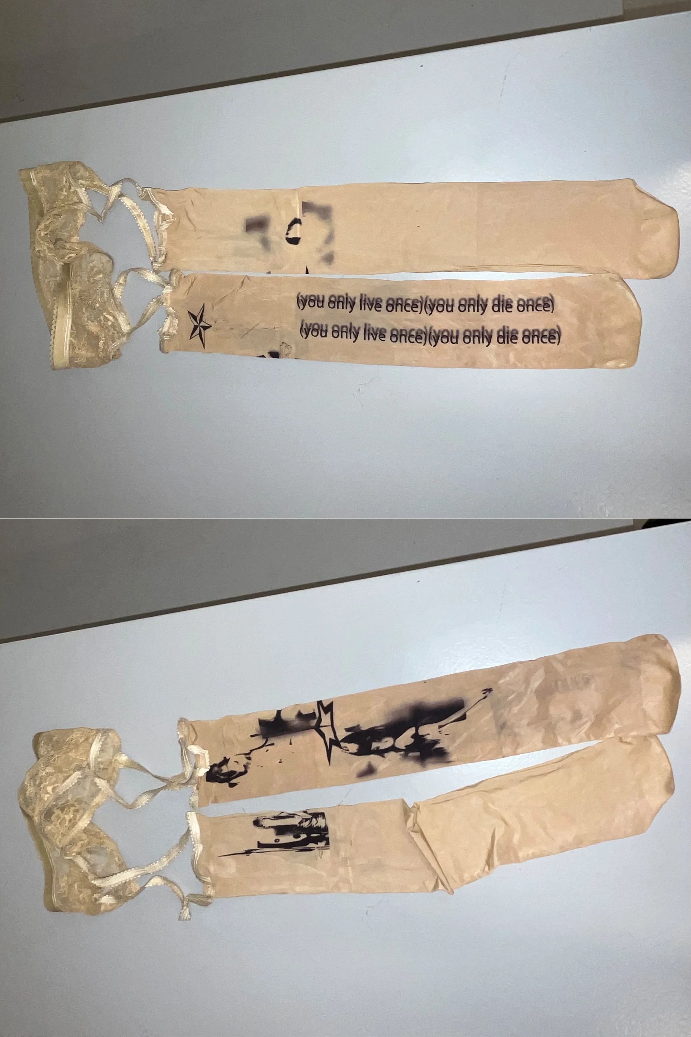 "emo" print on beige lingerie