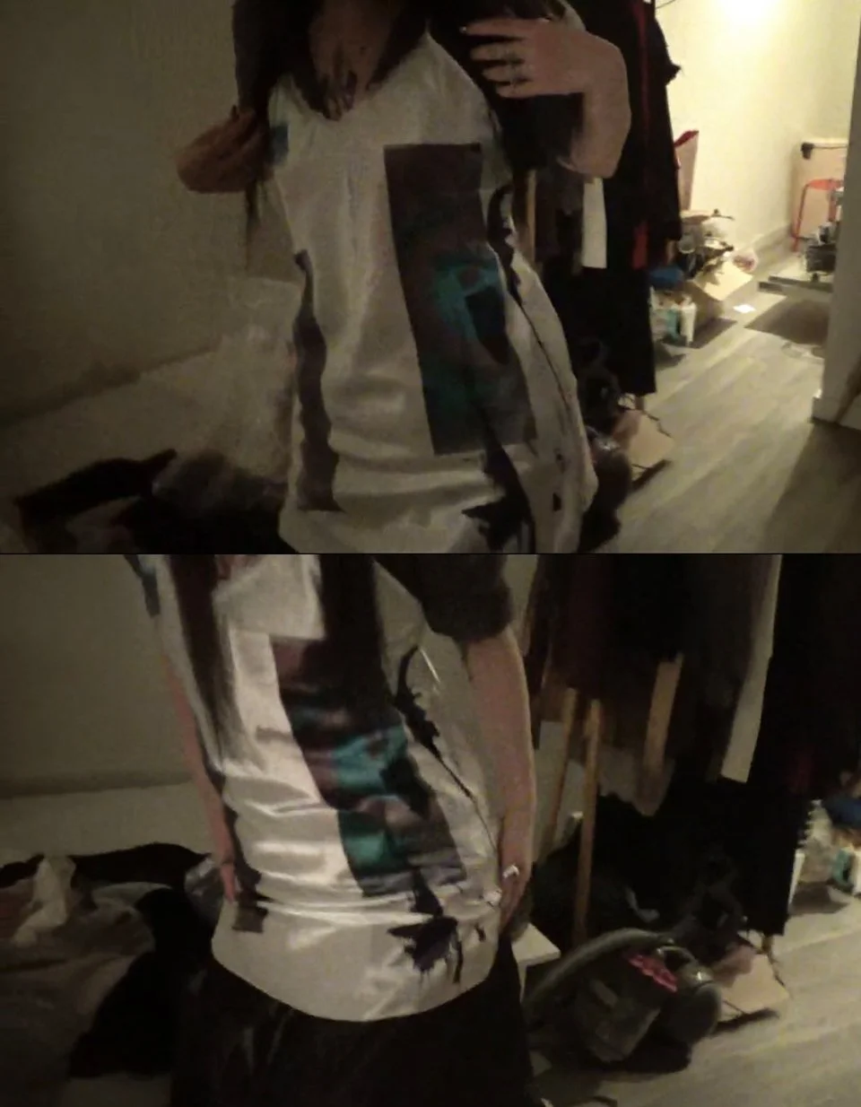 Low-res home snapshot of wearer fitting the dress, blurred holographic print diffuses under ambient lighting